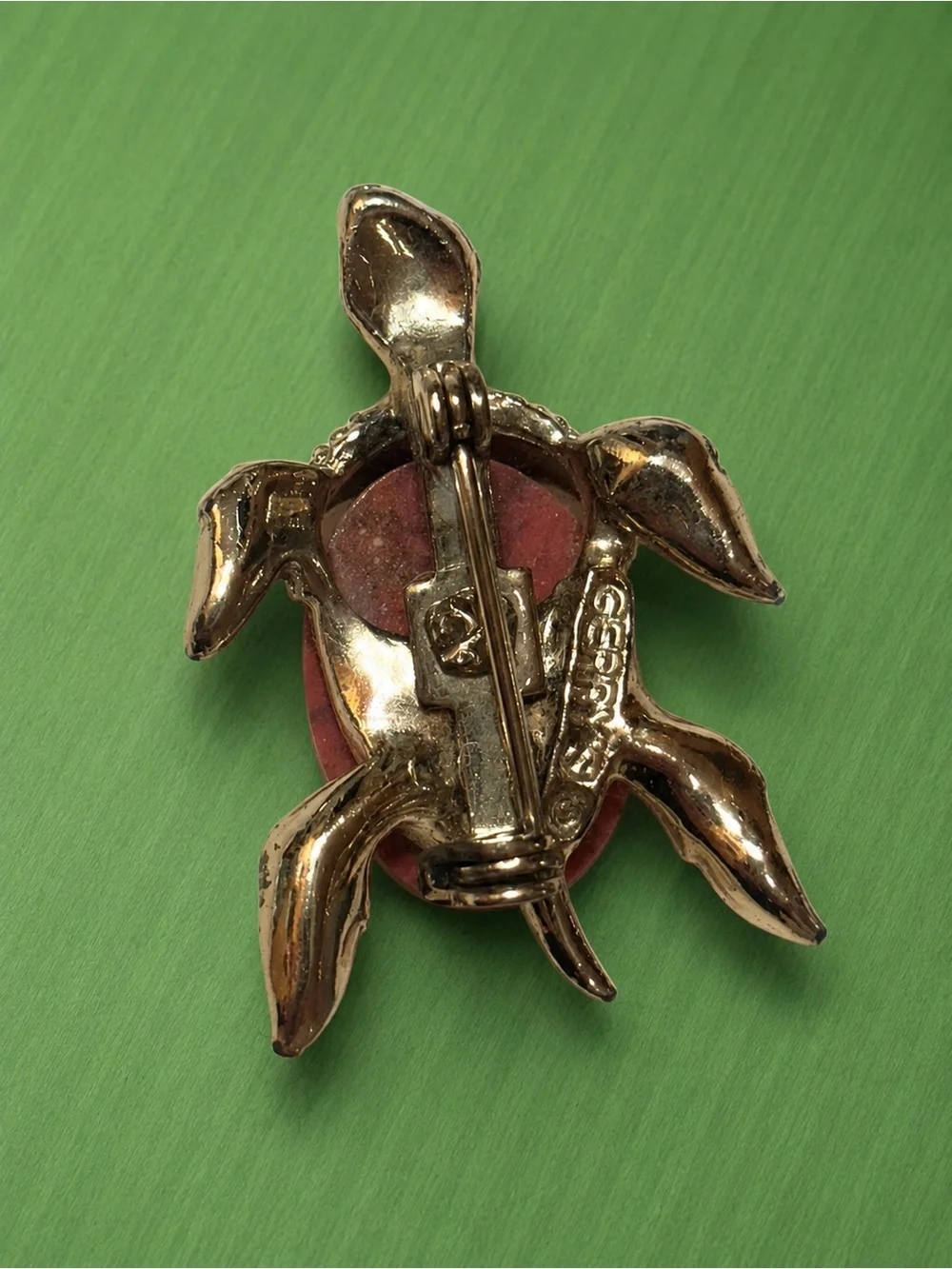 Vintage Turtle Brooch with Marbled Pink Stone and Emerald Eyes